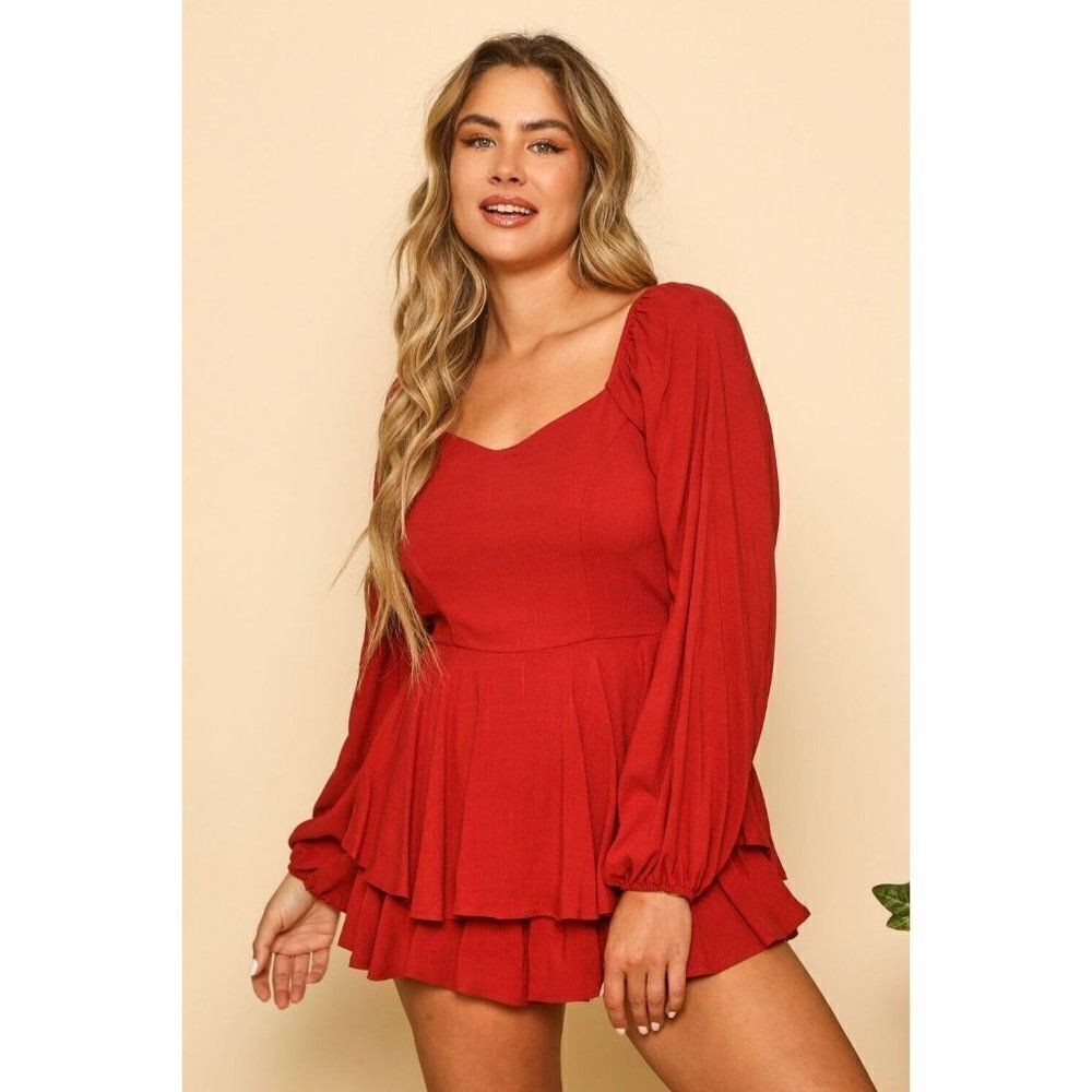 Sale! Peach Love Women Double Layer Red Romper Flirty Fun Fall Holiday R85386-02